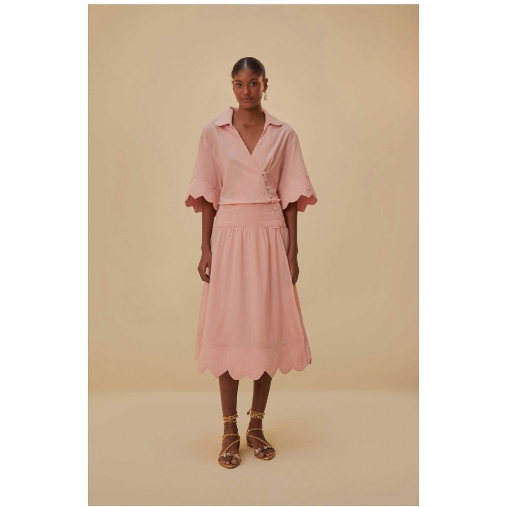 Farm Rio Light Pink Heart Detailed Heart Scalloped Hem Midi Dress | M